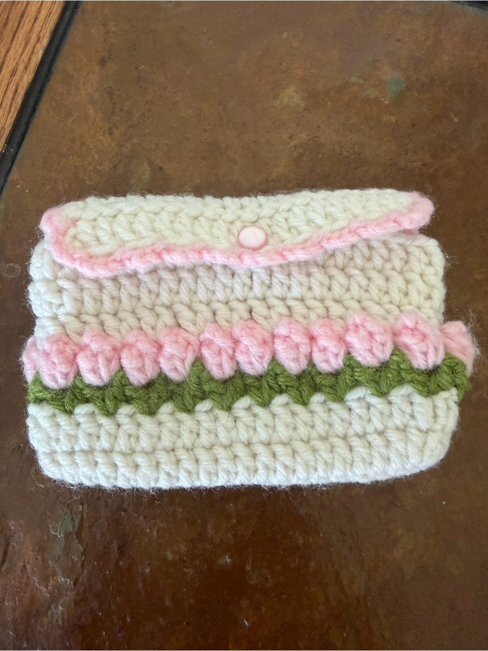 Handmade Crochet Coin Purse- Cream with Pink & Green Accents